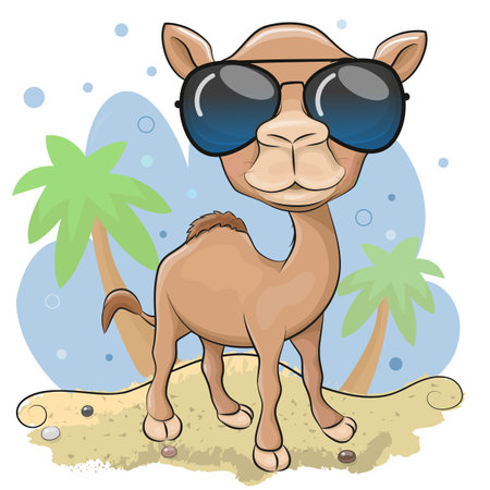 Cool Cartoon Camel with sun glasses is standing on the sandのイラスト素材