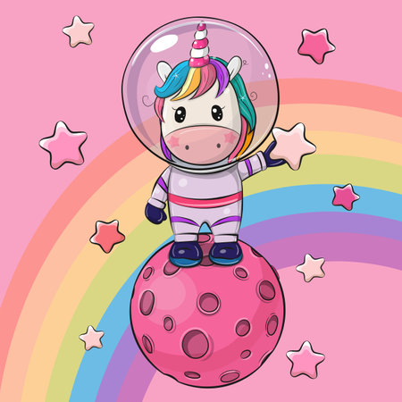 Cute Cartoon Unicorn astronaut on the moon on a pink space backgroundのイラスト素材