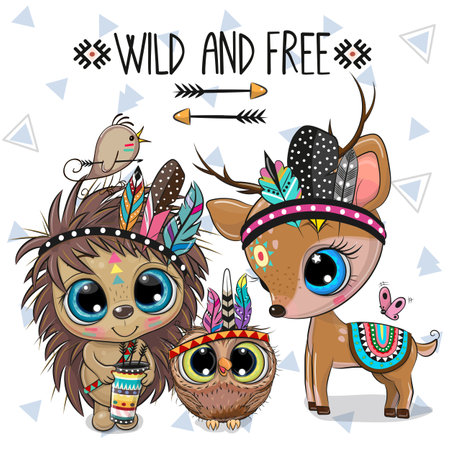 Cute Cartoon tribal Hedgehog, Deer and Owl with feathersのイラスト素材