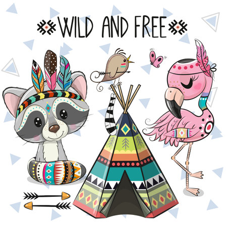 Cute Cartoon tribal Flamingo and Raccoon with feathersのイラスト素材