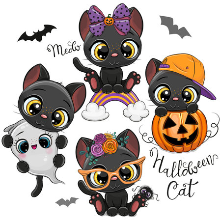 Set of Cute Halloween illustrations and design elements with black catのイラスト素材