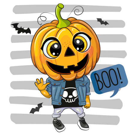 Jack OLantern in a denim Jacket Cartoon Illustration isolated on a striped backgroundのイラスト素材