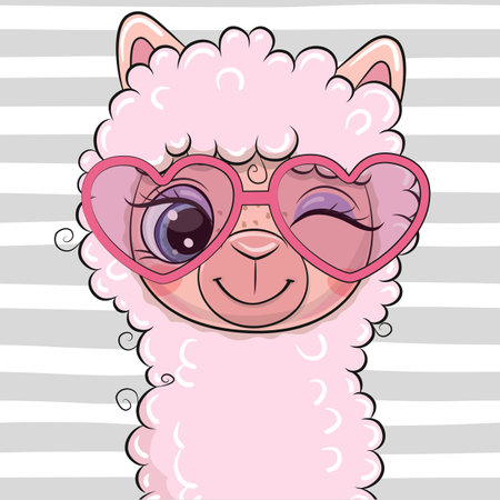 Cute Cartoon Pink Lama with pink heart glassesのイラスト素材