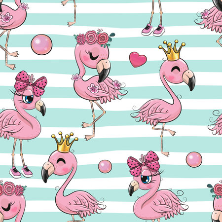 Seamless Pattern with cute cartoon Flamingosのイラスト素材
