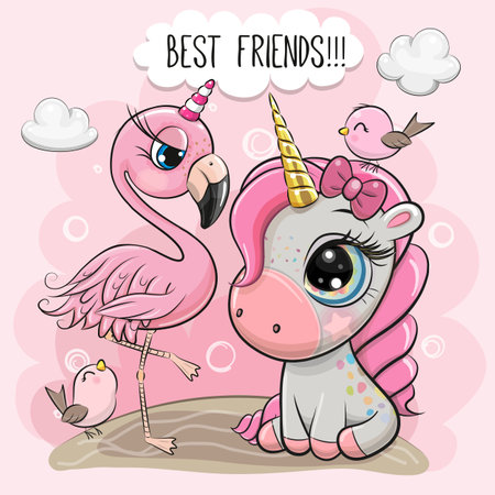 Cute Cartoon Unicorn and flamingo on a pink backgroundのイラスト素材