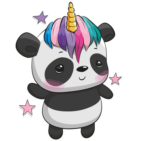 Cute Cartoon Panda Unicorn isolated on a white backgroundのイラスト素材