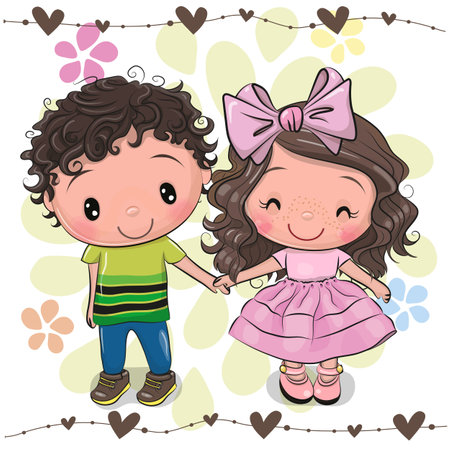 Cute Cartoon Boy and Girl on a floral backgroundのイラスト素材