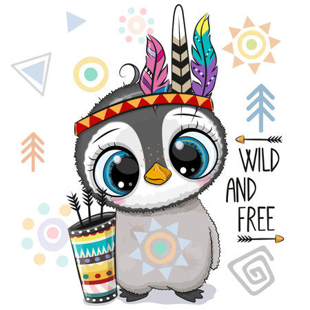 Cute Cartoon tribal Penguin with feathers on a white backgroundのイラスト素材