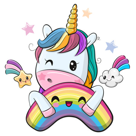Cute Cartoon Unicorn with rainbow on a white backgroundのイラスト素材
