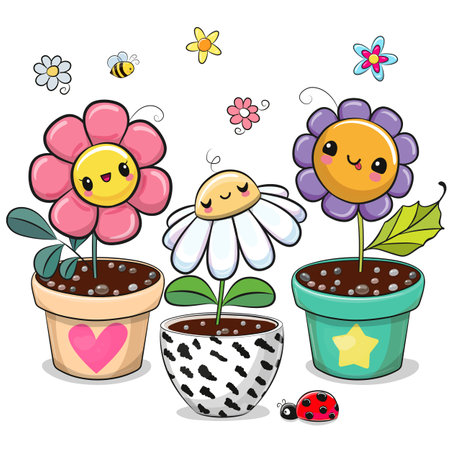 Three cute flowers in the pots on a white backgroundのイラスト素材