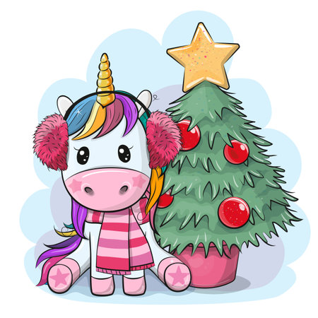 Cute Cartoon Unicorn near the Christmas treeのイラスト素材