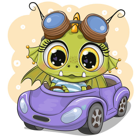 Cute Cartoon Dragon with glasses goes on a Purple carのイラスト素材
