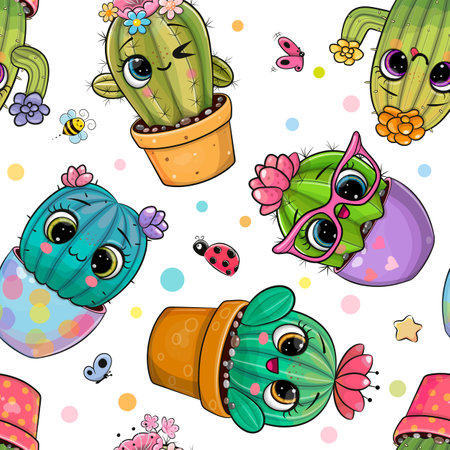 Seamless Pattern with cute cartoon cactiのイラスト素材
