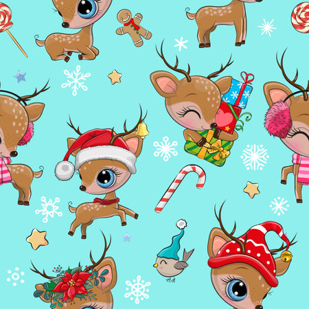 Seamless Pattern with cute cartoon Christmas Deerのイラスト素材