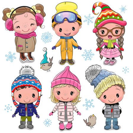 Set of Cute cartoon girls and boys in winter clothes on a white backgroundのイラスト素材