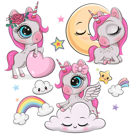 Set of Cute Cartoon Unicorns isolated on a white backgroundのイラスト素材