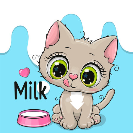 Cute Cartoon Kitten with big green eyes with a plate of milk on the blue backgroundのイラスト素材