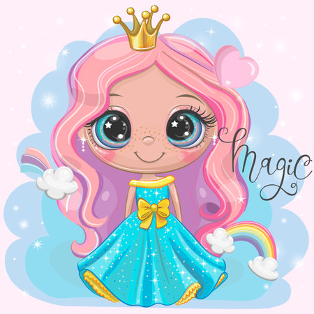 Cute Cartoon Little Princess in a blue dress with pink hairのイラスト素材
