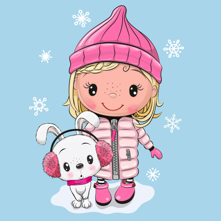 Winter illustration of a Cute Cartoon girl in a coat and a bunnyのイラスト素材