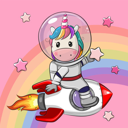 Cute Cartoon Unicorn on the rocket on a space backgroundのイラスト素材