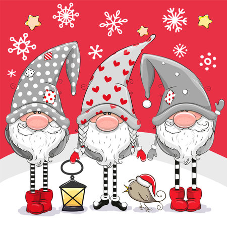 Greeting Christmas card with Three cute Gnomes on a red backgroundのイラスト素材