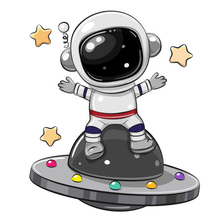 Cute Cartoon astronaut on the flying saucer on a white backgroundのイラスト素材