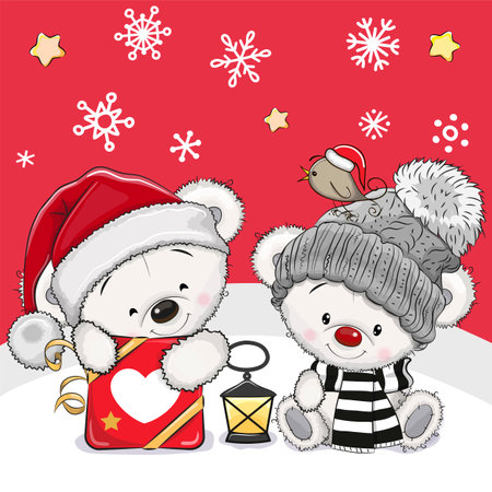 Greeting Christmas card with Two Cartoon Polar Bears on a red backgroundのイラスト素材
