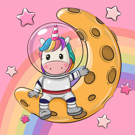 Cute Cartoon astronaut Unicorn on the moon on a pink backgroundのイラスト素材