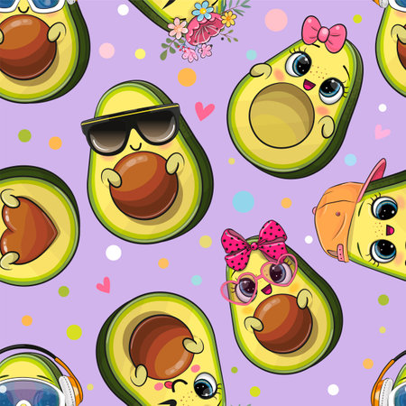 Seamless Pattern with cute cartoon avocadosのイラスト素材