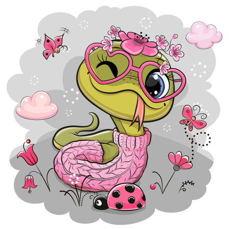 Cute Cartoon Snake on a meadow with flowers and butterfliesのイラスト素材