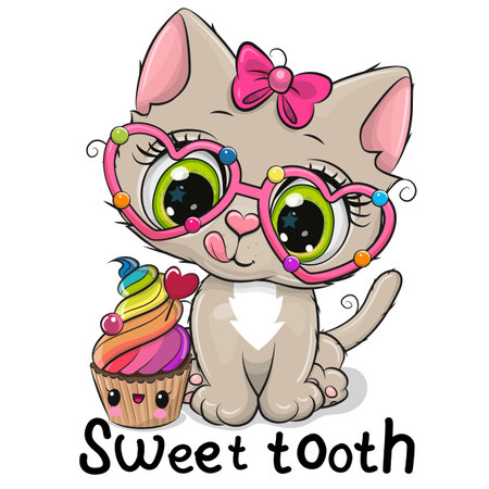 Cute Cartoon Kitty Sweet tooth with Cupcakeのイラスト素材