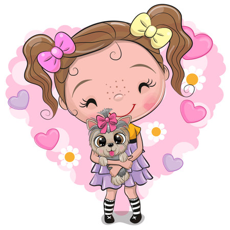 Cute cartoon girl holds a Yorkshire terrier in her armsのイラスト素材