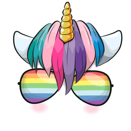 Unicorn horn with multicolored hair and glasses cute illustration on a white backgroundのイラスト素材