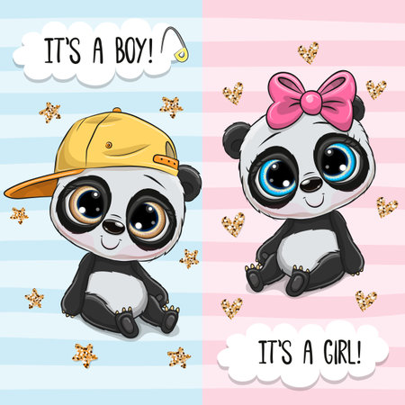 Baby Shower greeting card with Cute Pandas boy and girlのイラスト素材