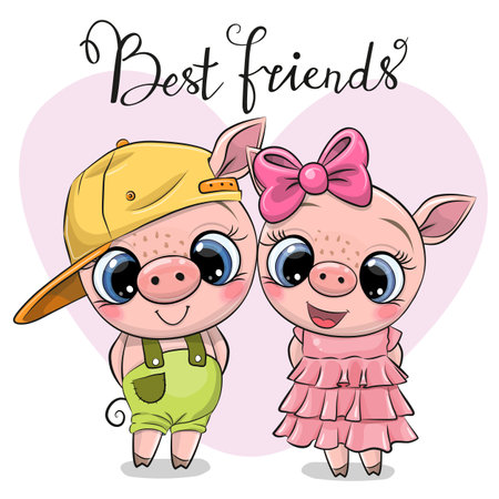 Cute cartoon piglets boy and girl in clothingのイラスト素材