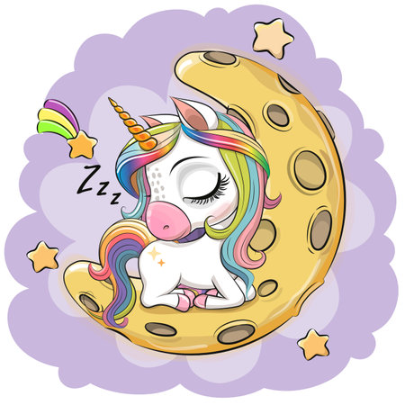 Cute Cartoon Unicorn is sleeping on the moonのイラスト素材
