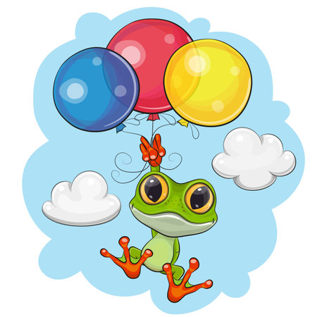 Cute cartoon frog flies on balloonsのイラスト素材