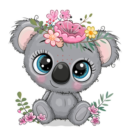 Cute Cartoon Koala girl with flowersのイラスト素材