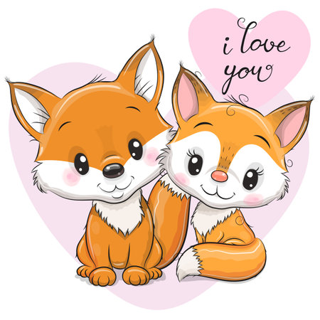 Two cute Cartoon Foxes on a background of heartのイラスト素材