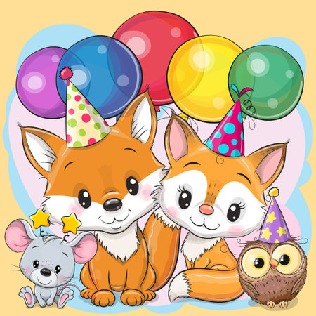 Birthday card with Cute Foxes, owl and mouse with balloon and bonnetsのイラスト素材