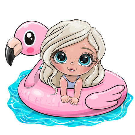 Cute cartoon Girl swimming on pool ring inflatable flamingoのイラスト素材