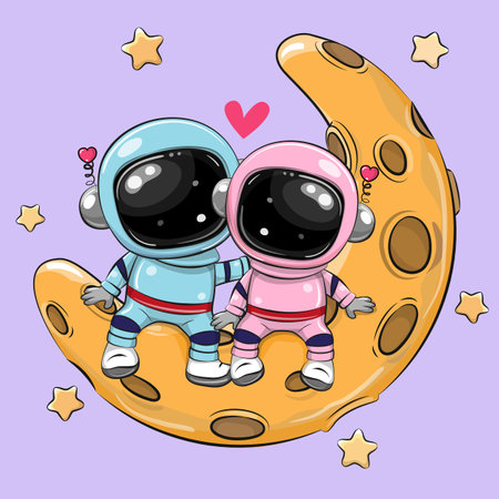 Two Cute Cartoon astronauts on the moon boy and girlのイラスト素材