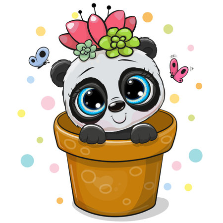 Cute cartoon panda in a brown flower potのイラスト素材