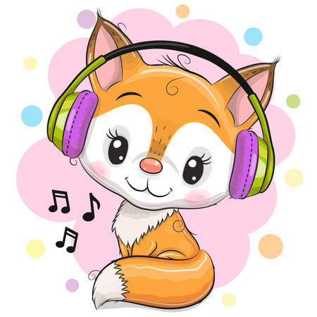 Cute cartoon Fox girl with headphones on a pink backgroundのイラスト素材