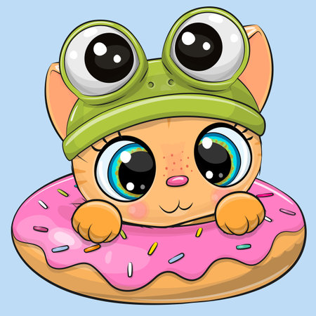 Cute Cartoon Orange Kitten with donut on a blue bakgroundのイラスト素材