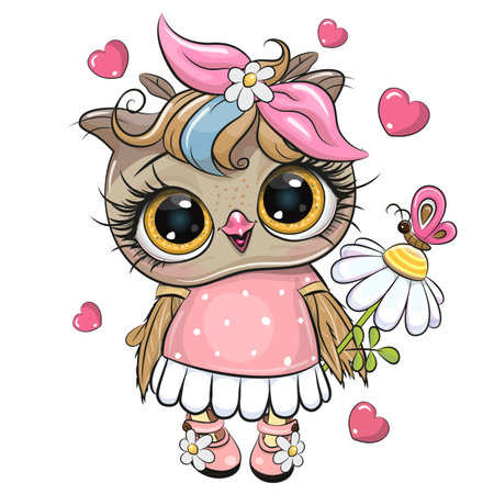 Cute Cartoon Owl with hearts and pink bow on a white backgroundのイラスト素材
