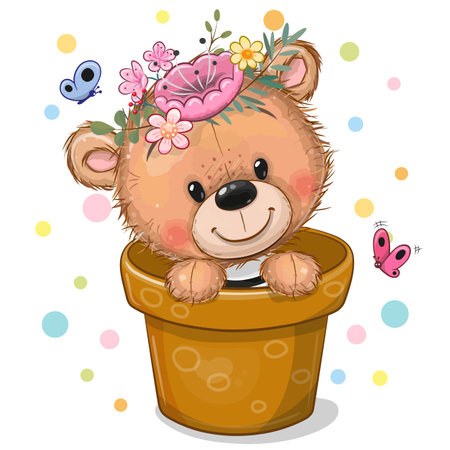 Cute cartoon Teddy Bear in a brown flower potのイラスト素材
