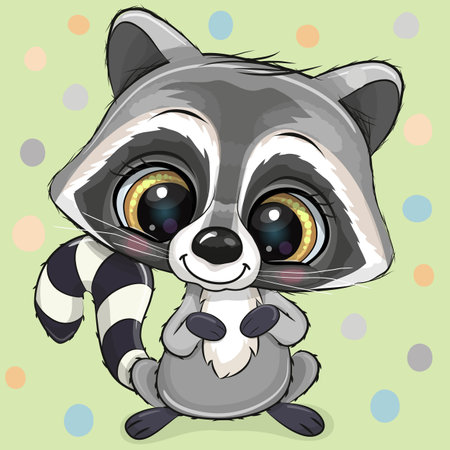 Cute Cartoon little Raccoon on a green backgroundのイラスト素材