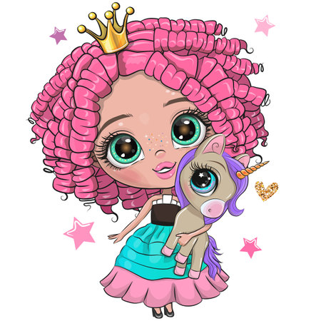 Cute Cartoon Girl Princess with pink hair with Unicornのイラスト素材