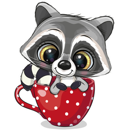 Cute Cartoon Raccoon with a bow is sitting in a Cup of coffeeのイラスト素材